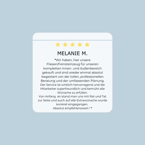 5-Sterne-Kundenbewertung mit positivem Feedback zur Beratung und Planung von Fliesenarbeiten